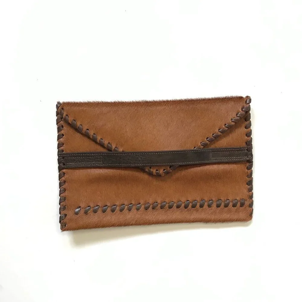 Laggo Polka Envelope Clutch Bag Purse Womens Brown Pony Hair Leather Bohemian